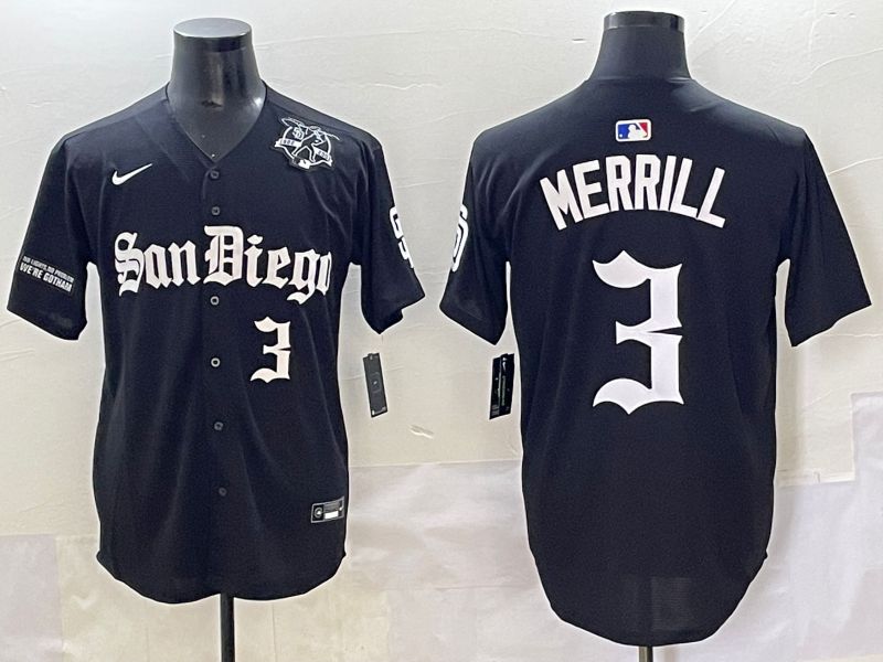 Men 2025 San Diego Padres 3 Merrill Black Five generations Joint Name Nike MLB Jersey style 11